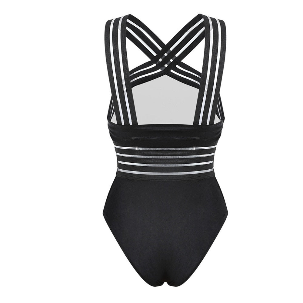 Sexy One Piece Swimsuit Women High Neck Bandage Cross Back Neck Monokini Black Swimwear Women Bathing Suits - fashionlov