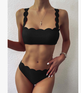 Swimsuits Scalloped Edge Swimwear Women Black Bandeau Bathing Suit Women Solid Biquini Beach Wear - fashionlov