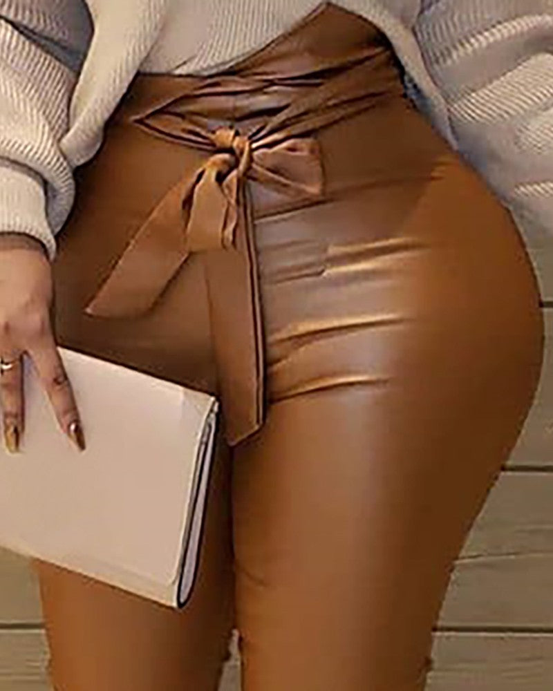 Pants Long Solid Color Faux leather - fashionlov