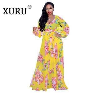 XURU Women&#39;s Beach Chiffon Print Long Dress V-neck Long Sleeve Loose Skinny Dress Bohemian Casual Large Size Dress S-3XL-5XL - fashionlov