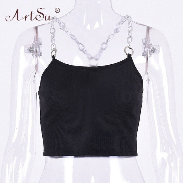 ArtSu Metal Chain Straps Sexy Cropped Tank Top Women 2020 Streetwear Club Crop Top Summer Vest Fashion Black White Green Tops - fashionlov