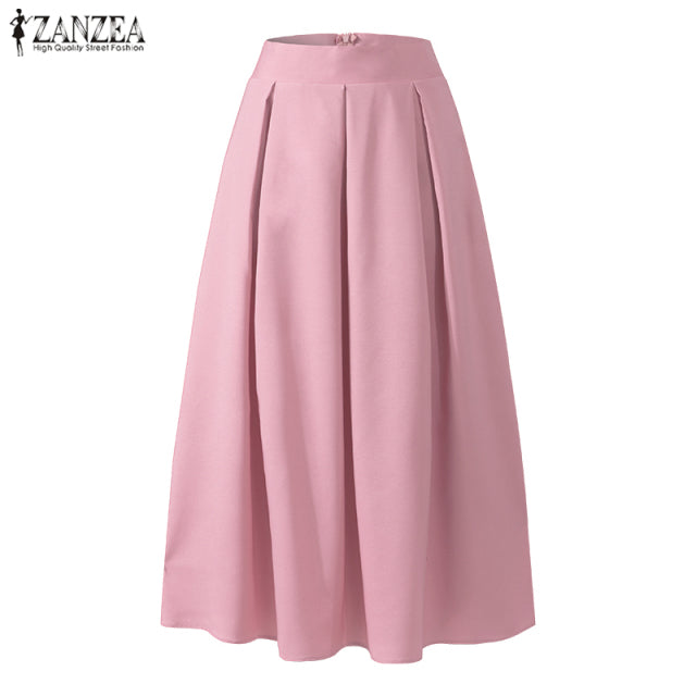 Elegant Women&#39;s Maxi Skirts ZANZEA Autumn Pleated Sundress Casual High Waist Long Vestidos Female Solid Faldas Saia - fashionlov