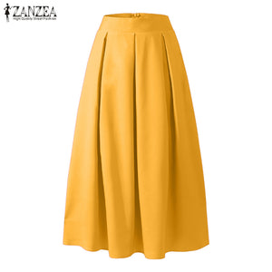 Elegant Women&#39;s Maxi Skirts ZANZEA Autumn Pleated Sundress Casual High Waist Long Vestidos Female Solid Faldas Saia - fashionlov