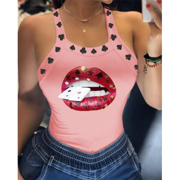 Tank Tops Women U Neck Letter Print Lips Vest Summer Ladies Harajuku Shirts Slim Fit Polyester Sleeveless Top Tshirts - fashionlov