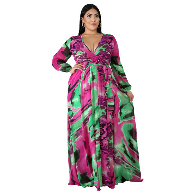 XURU Women&#39;s Beach Chiffon Print Long Dress V-neck Long Sleeve Loose Skinny Dress Bohemian Casual Large Size Dress S-3XL-5XL - fashionlov