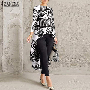Women Casual Long Sleeve Blusa Irregular Blouse 2021 ZANZEA Elegant Geometric Printed Tops Female O Neck Tunic Chemise - fashionlov