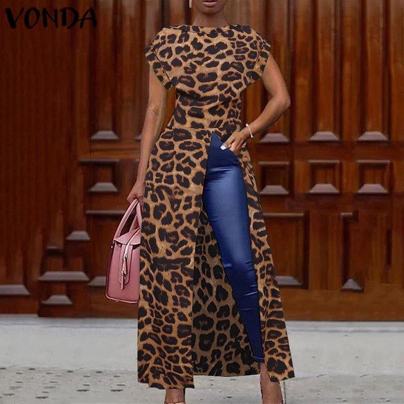 Elegant Leopard Blouse Women Tunic VONDA 2021 Female Tops Vintage Long Shirts Office Holiday Split Party Tops Blusa - fashionlov