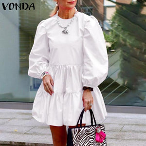 Women Short Mini Dress VONDA Casual Long Sleeve Elegant Puff Sleeve Solid Color Party Dresses Vestido Robe Femme - fashionlov