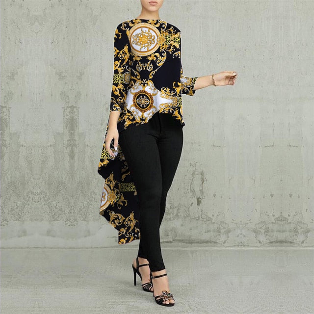 Women Casual Long Sleeve Blusa Irregular Blouse 2021 ZANZEA Elegant Geometric Printed Tops Female O Neck Tunic Chemise - fashionlov