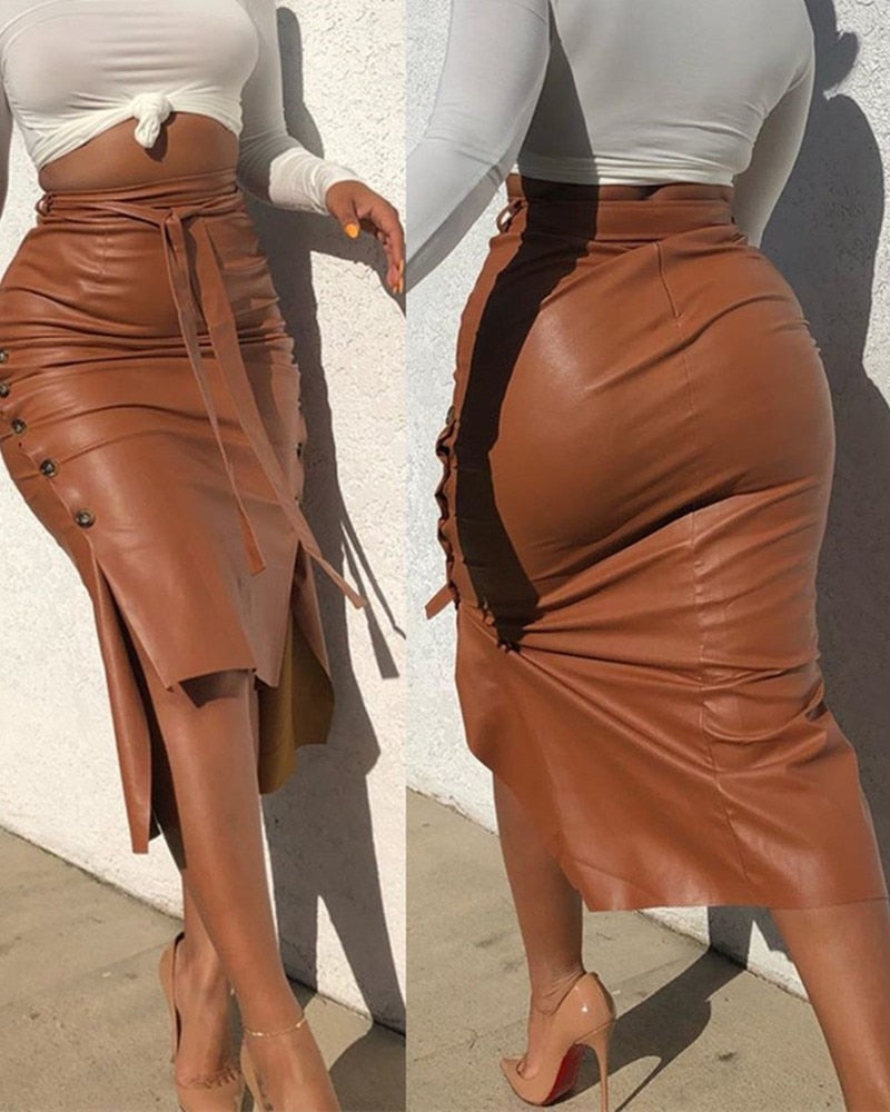 Women Trendy PU Leather Midi Skirt Solid Color High Waist Lace-up Side Button Slim Skinny Pencil Skirt for Ladies Streetwear - fashionlov