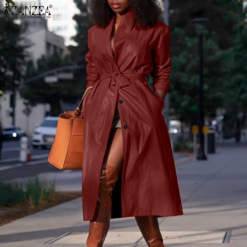 Fashion Casual Women Faux Leather Trench 2021 Spring Autumn OL PU Long Sleeve Belted Outwears ZANZEA Solid Loose Oversized Coats - fashionlov