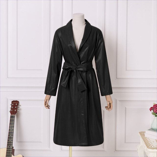 Fashion Casual Women Faux Leather Trench 2021 Spring Autumn OL PU Long Sleeve Belted Outwears ZANZEA Solid Loose Oversized Coats - fashionlov