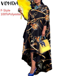 VONDA 2021 Autumn Women Dress 3/4 Sleeve Robe Femme Vintage Printed Holiday Party Dress Irregular Hem Long Vestidos Oversized - fashionlov