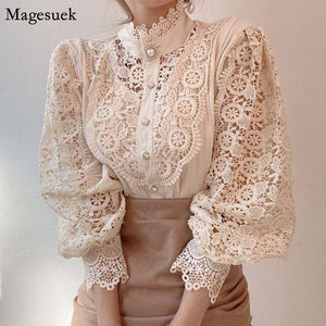 Vintage Solid White Lace Blouse Shirts Women New Korean Button Loose Shirt Tops Female Hollow Casual Ladies Blouses Blusas 12928 - fashionlov