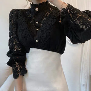 Vintage Solid White Lace Blouse Shirts Women New Korean Button Loose Shirt Tops Female Hollow Casual Ladies Blouses Blusas 12928 - fashionlov